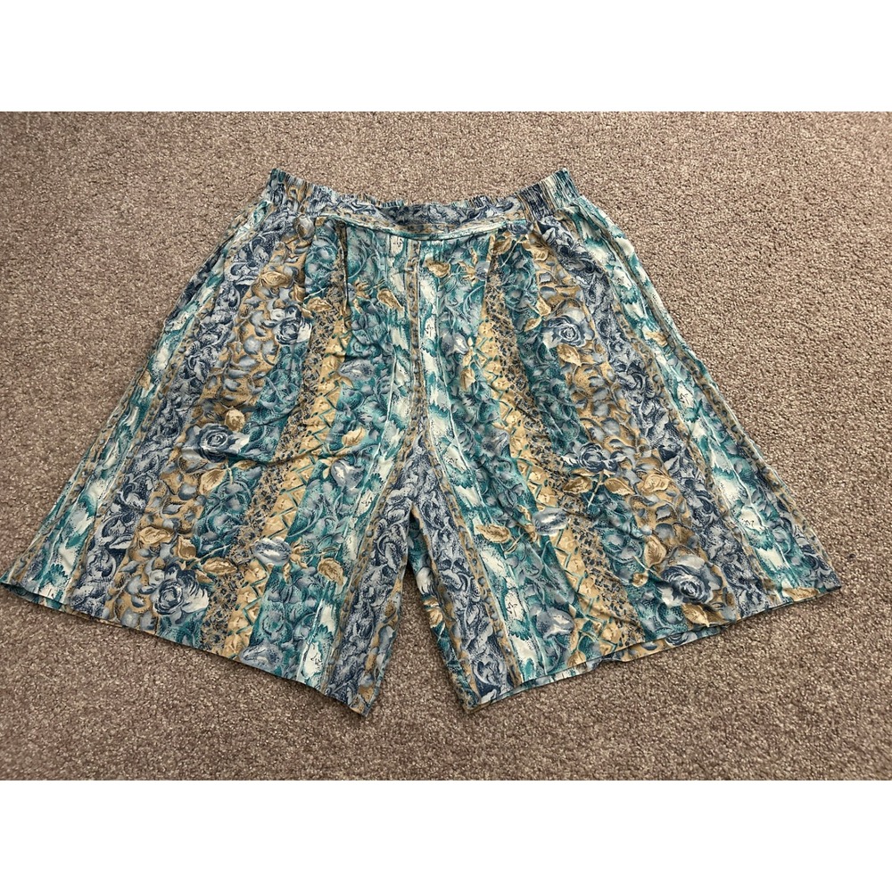 Gina Peters Floral Shorts Womens Large Blue Teal Vintage 90s Elastic Waist Exc